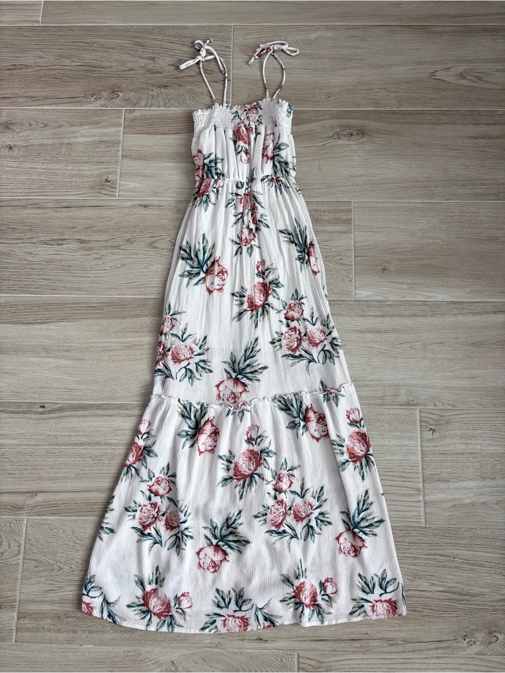 Dee Elly Floral Smocked Maxi Dress w/ Tie Straps Tiered Boho Size XS